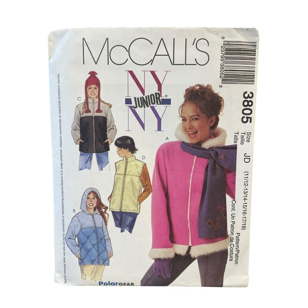 McCALL'S 3805 Junior Jackets Vests Hat Size JD 11-18 Polar Gear